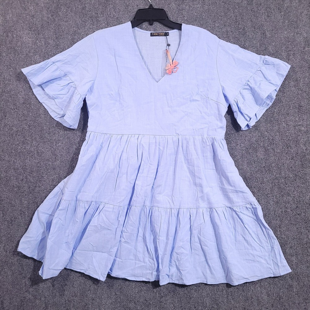 New Fancyinn Dress Women XL Blue Shift Short V-Neck Cotton Short Sleeve